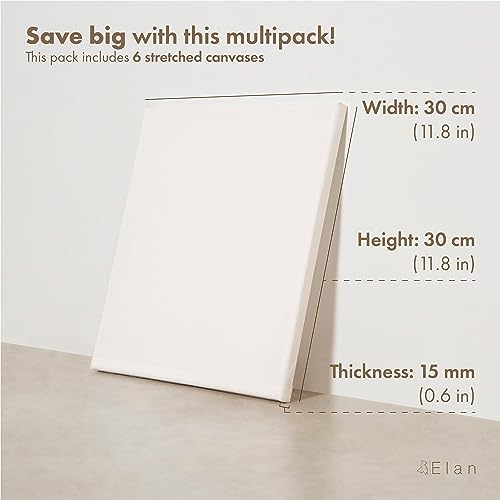 Elan Stretched Canvases 30x30 CM, 6-Pack Canvases for Painting Painting Canvas Bulk Stretched Canvas for Adults, Blank Canvas for Painting, Painting Canvases, Paint Canvases for Painting, Art Canvas