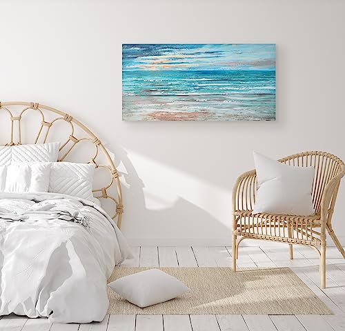 Home Selections Hand Painted Abstract Seascape Wall Canvas. Large Teal Canvas Art. 3D Modern Canvas Picture, Ready to hang Canvas Wall Art. 100x50cm