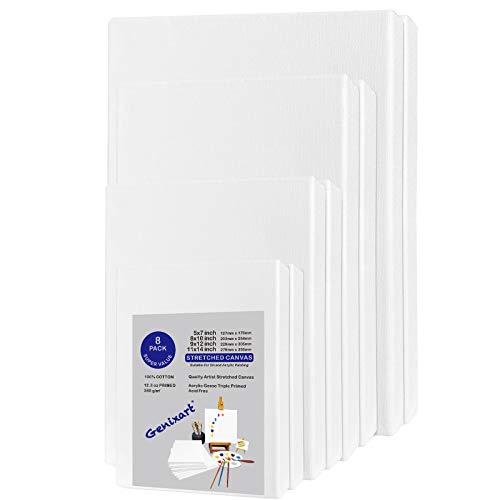 Genixart White Blank Stretched Canvas, Multi Pack of 8, 2 of Each Assorted Sizes, Primed Professional Artist Canvases for Acrylics & Oils Painting