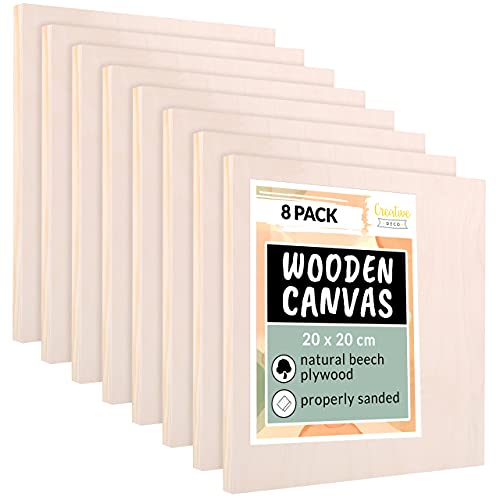 Creative Deco 8 x Wooden Canvas Painting Board | 20 x 20 cm | Cradled Plywood Panel | Art Painting for Crafts, Mixed-Media, Encaustic, Decoupage, Wood Burning, Acrylic Painting, Drawing, Pouring