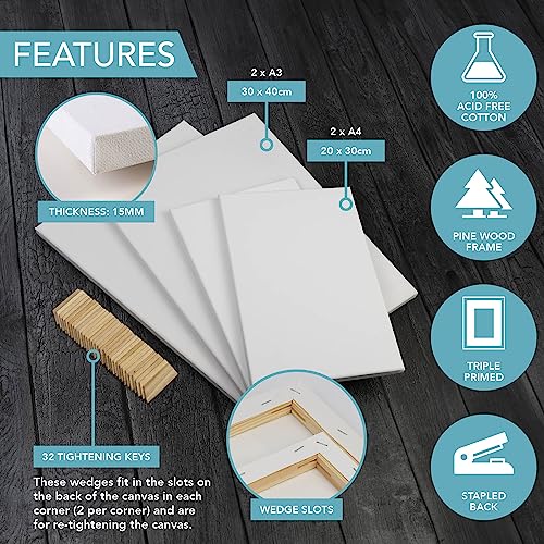 HEFTMAN Artist Blank Canvas Frame - A4 & A3 Art Canvas for Painting, Blank Canvases for Art, Canvases for Acrylic Painting & Oil Painting - Set of 4 Canvases for Painting A4 & A3 (20x30cm & 30x40cm)