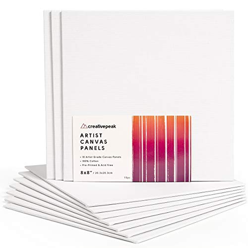 Blank Canvas Panels 20x20cm (8x8”) - 10x Square Boards, Primed, Stretched, Acid-Free & 100% Cotton - Professional Art Supplies - Perfect for Acrylic, Oil, Gouache Painting & Pouring - Creativepeak™