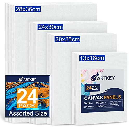 Canvas Panels 24-Pack 13x18, 20x25, 24x30, 28x36cm, 300 GSM Triple Primed Acid-Free 100% Cotton Paint Canvas for Painting, Blank Flat Canvas Board for Oil Paint Acrylics Watercolor Tempera Paint