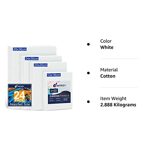 Canvas Panels 24-Pack 13x18, 20x25, 24x30, 28x36cm, 300 GSM Triple Primed Acid-Free 100% Cotton Paint Canvas for Painting, Blank Flat Canvas Board for Oil Paint Acrylics Watercolor Tempera Paint