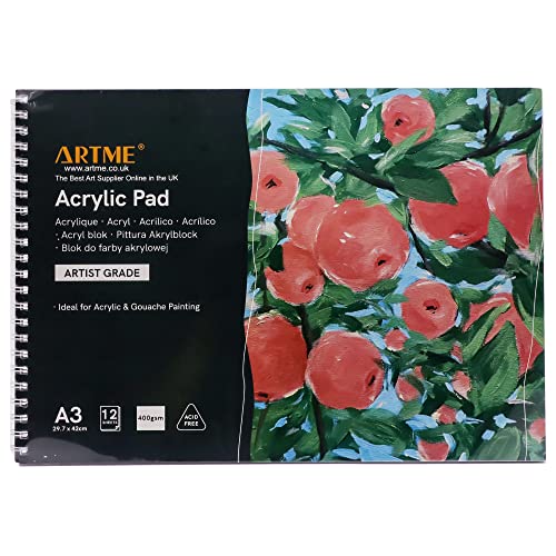 ARTME A3 Acrylic Pad x 12 Sheets/ 400gsm Extra Heavyweight/Cold Pressed/Acid Free for A Variety of Wet and Dry Media – Premium Quality Drawing Pad Sketchbook Acrylic and Gouache Painting (A3 1pk)