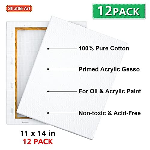 12 Pack Canvas for Painting, Shuttle Art 11x14 Inches (28 x 36 cm) Stretched Blank Canvas Boards, 100% Cotton, Primed White Painting Canvas, Canvases for Acrylic, Oil, Acrylic Pouring Painting