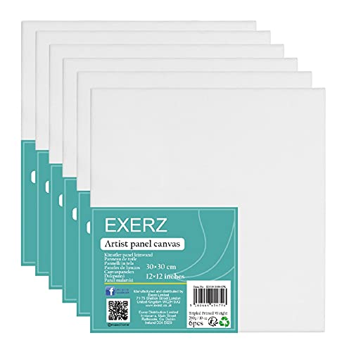 Exerz 30x30cm Canvas Panels 6pcs/ 3mm 280gsm 100% Cotton/Square Shape Blank Artist Canvas Board/Triple Primed/Acid Free/Medium Grain - Oil & Acrylic Painting for Artists at All Levels