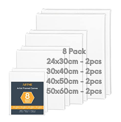 Artme Pre-Stretched Canvas 8pcs –24x30, 30x40, 40x50, 50x60 Assorted Artist Framed Canvas/ 280GSM/100% Cotton/Blank/Triple Primed/Acid Free/Medium Grain/ 1.7cm - Acrylic/Oil