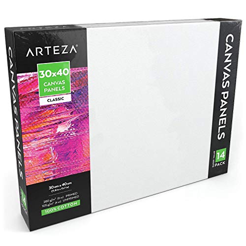 Arteza 30x40 cm, Large Canvas for Painting, Pack of 14, Primed Blank, 100% Cotton. for Acrylic Painting, Pouring, Oil Paint & Wet Art Media, Art Supplies for Professional Artist & Beginners, White