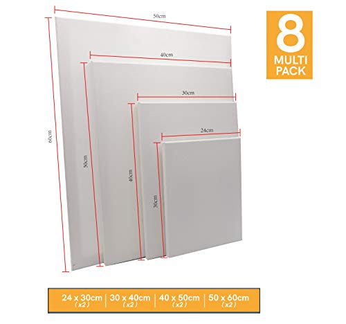Artme Pre-Stretched Canvas 8pcs –24x30, 30x40, 40x50, 50x60 Assorted Artist Framed Canvas/ 280GSM/100% Cotton/Blank/Triple Primed/Acid Free/Medium Grain/ 1.7cm - Acrylic/Oil