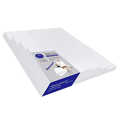 Genixart White Blank Canvas Panels, Multi Pack of 24, 6 of Each Assorted Sizes, Primed Professional Artist Canvases Boards for Acrylics & Oils Painting