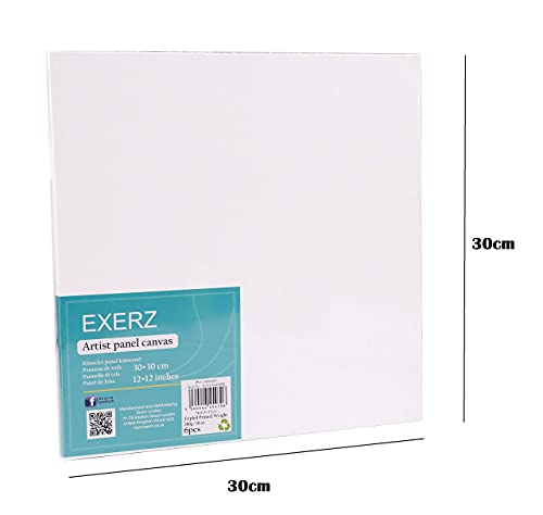 Exerz 30x30cm Canvas Panels 6pcs/ 3mm 280gsm 100% Cotton/Square Shape Blank Artist Canvas Board/Triple Primed/Acid Free/Medium Grain - Oil & Acrylic Painting for Artists at All Levels