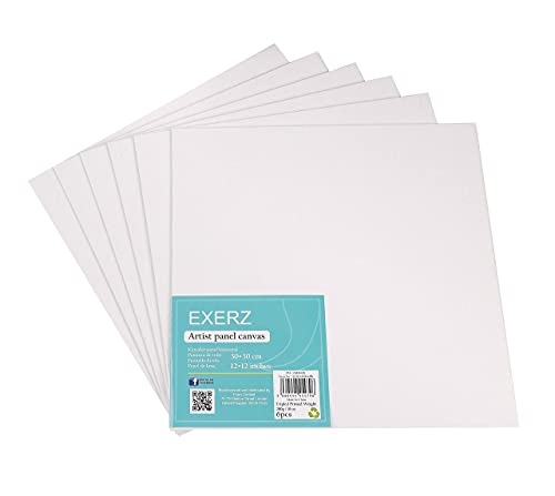 Exerz 30x30cm Canvas Panels 6pcs/ 3mm 280gsm 100% Cotton/Square Shape Blank Artist Canvas Board/Triple Primed/Acid Free/Medium Grain - Oil & Acrylic Painting for Artists at All Levels
