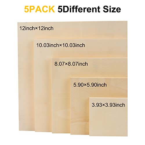 Unfinished Wooden Panels, 5 Pack Square Wood Canvas Panel Boards for Painting, Drawing, Arts and Crafts - 5 Sizes