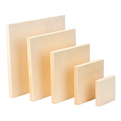 Unfinished Wooden Panels, 5 Pack Square Wood Canvas Panel Boards for Painting, Drawing, Arts and Crafts - 5 Sizes