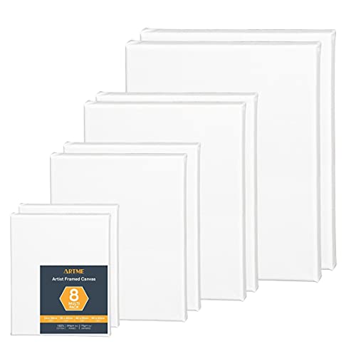 Artme Pre-Stretched Canvas 8pcs –24x30, 30x40, 40x50, 50x60 Assorted Artist Framed Canvas/ 280GSM/100% Cotton/Blank/Triple Primed/Acid Free/Medium Grain/ 1.7cm - Acrylic/Oil