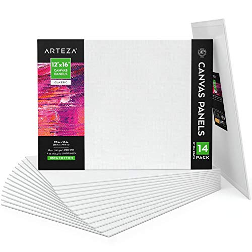 Arteza Paint Canvases for Painting, Pack of 14, 12 x 16 Inches, Blank White Art Canvas Boards, 100% Cotton, 8 oz Gesso-Primed, Art Supplies for Adults and Teens, for Acrylic Pouring and Oil Painting
