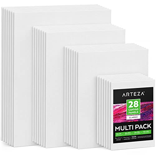 ARTEZA Canvas Board, Multi Pack of 28, 12.7 x 17.8, 20.3 x 25.4, 22.9 x 30.5, 27.9 x 35.6 cm, Primed, 100% Cotton Art Canvas Panels with Recycled Core, white