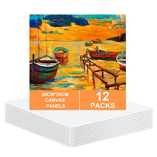 12 Packs Canvas Panels 20x20cm (8''x8'') Small Blank Art Canvases Pre Stretched Canvas Board, 100% Cotton Artist Canvas for Acrylic Oil Painting, Wet Media Art Projects Party Kids Beginners Artists
