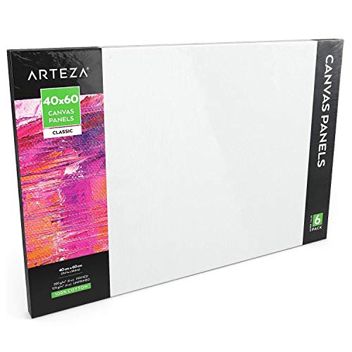 Arteza 40x60 cm Blank Canvas Board Panels, 6-Pack, 100% Cotton and Primed with Acid-Free Titanium Acrylic Gesso, Art Supplies for Artists, Hobby Painters, Acrylic Pouring, and Painting, White