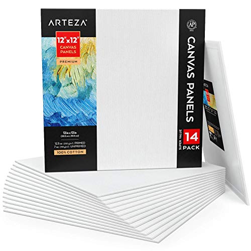 Arteza Canvas Boards for Painting, Pack of 14, 12 x 12 Inches, Square Blank Canvas Panels, 100% Cotton, 12.3 oz Gesso-Primed, Art Supplies for Acrylic Pouring and Oil Painting, White - Premium