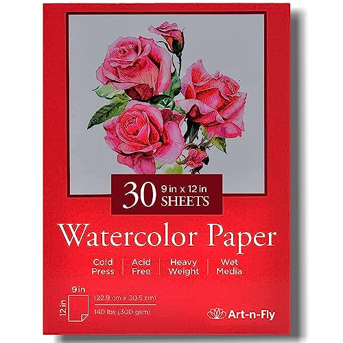 Art-N-Fly Watercolour Paper Pad 9x12" 30 Sheets - Cold Press Water Colour Sketchbook Pad 140 lb for Art Painting, Drawing, Wet & Mixed Media - Water Colouring Paint Paper for Artist & Kids