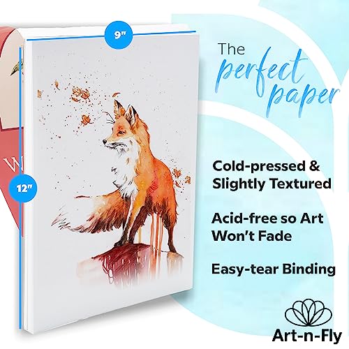 Art-N-Fly Watercolour Paper Pad 9x12" 30 Sheets - Cold Press Water Colour Sketchbook Pad 140 lb for Art Painting, Drawing, Wet & Mixed Media - Water Colouring Paint Paper for Artist & Kids