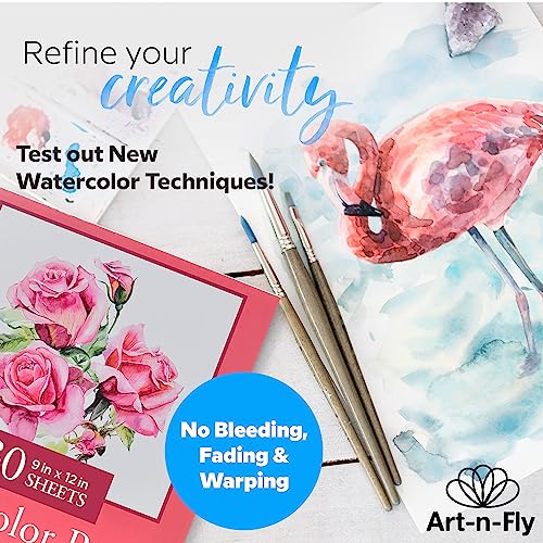Art-N-Fly Watercolour Paper Pad 9x12" 30 Sheets - Cold Press Water Colour Sketchbook Pad 140 lb for Art Painting, Drawing, Wet & Mixed Media - Water Colouring Paint Paper for Artist & Kids