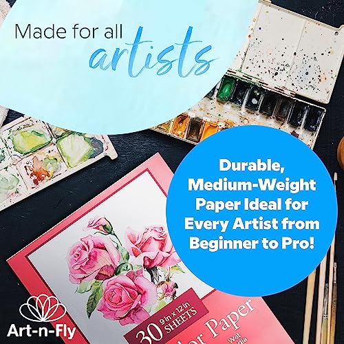 Art-N-Fly Watercolour Paper Pad 9x12" 30 Sheets - Cold Press Water Colour Sketchbook Pad 140 lb for Art Painting, Drawing, Wet & Mixed Media - Water Colouring Paint Paper for Artist & Kids