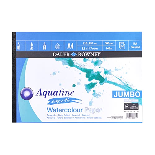 Daler-Rowney Aquafine Smooth Hot Pressed 300 gsm Watercolour and Gouache A4 Paper Pad, Glued 1 Side, Natural White, 50 Sheets, Ideal for Professional and Beginner Artists and Students, Acid-Free