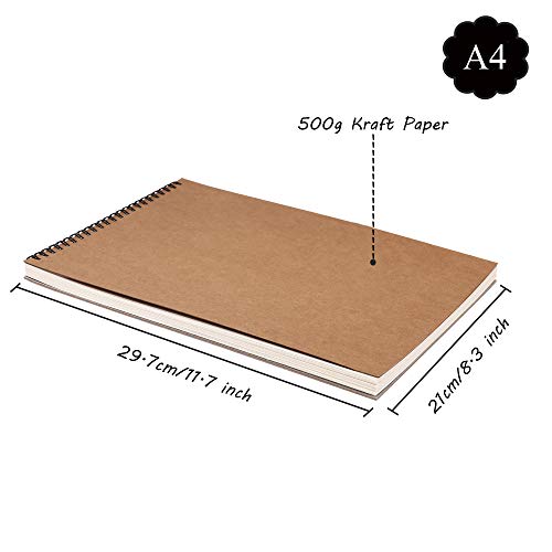 A4 Sketchbook, Spiral Notebook Drawing Pad Blank Sketch Art Book with Brown Kraft Cover for Kid Adult, 60 Pages/ 30 Sheets Texture Paper for Pencil Watercolor Pen(2 Pack)