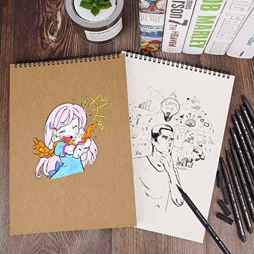 A4 Sketchbook, Spiral Notebook Drawing Pad Blank Sketch Art Book with Brown Kraft Cover for Kid Adult, 60 Pages/ 30 Sheets Texture Paper for Pencil Watercolor Pen(2 Pack)