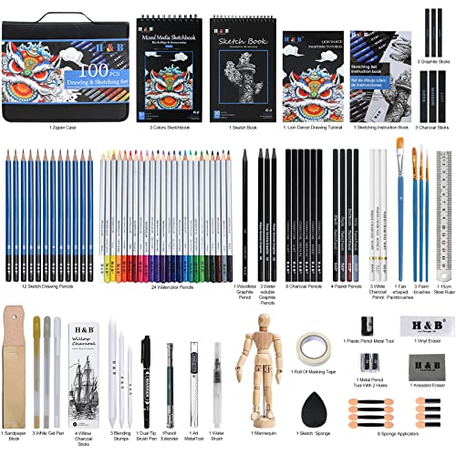 Sketch Pad and Pencil Set H & B 100pack Sketching Pencils Set with Sketch Book Drawing Sets for Adults with Watercolor Pencils, Sketching Pencils for Artists,Begineers and Kids