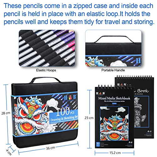 Sketch Pad and Pencil Set H & B 100pack Sketching Pencils Set with Sketch Book Drawing Sets for Adults with Watercolor Pencils, Sketching Pencils for Artists,Begineers and Kids
