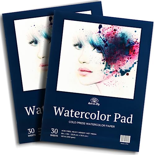 Art-N-Fly Watercolour Paper Pad 9x12" 2 Pack - Cold Press Water Colour Sketchbook Pad 30 Sheets 140 lb for Art Painting, Drawing, Wet & Mixed Media - Water Colouring Paint Paper for Artist & Kids