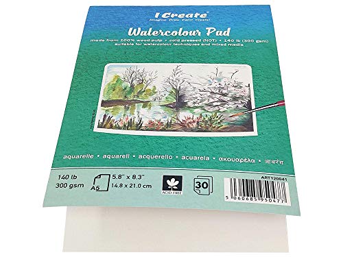 I Create A5 Watercolour Pad | 30 Sheets, 300 GSM / 140 lb, Cold Pressed, Textured - Heavyweight Paper | Suitable for Water Based Painting Technique and Mixed Media (A5 (30 Sheets))