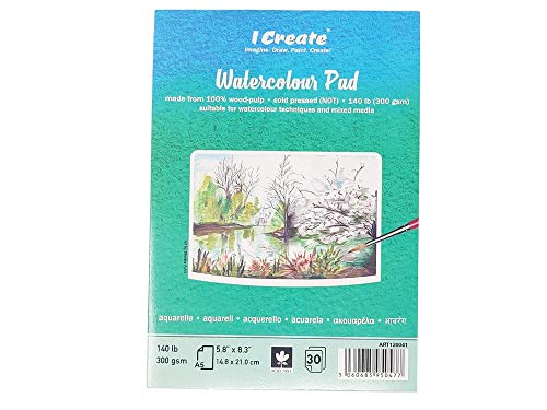 I Create A5 Watercolour Pad | 30 Sheets, 300 GSM / 140 lb, Cold Pressed, Textured - Heavyweight Paper | Suitable for Water Based Painting Technique and Mixed Media (A5 (30 Sheets))