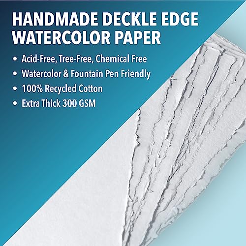 Thick Handmade Watercolor Paper with Deckle Edge - 300GSM - Premium White Cold Press Textured Mixed Media Paper Made with Recycled Cotton - 15 Loose Leaf Sheets - 20.3 x 20.3 cm / 8x8"