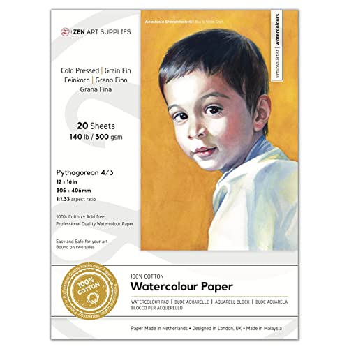 ZenART 100% Cotton Watercolour Paper 140 lb - 12x16 inches 20 Sheet Cold Press Acid-Free Large Block for Professional Artists 2-Side Bound for Watercolor, Gouache, Ink, Acrylic and Mixed Media