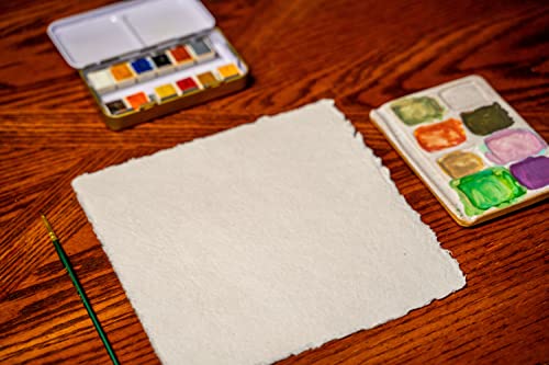 Thick Handmade Watercolor Paper with Deckle Edge - 300GSM - Premium White Cold Press Textured Mixed Media Paper Made with Recycled Cotton - 15 Loose Leaf Sheets - 20.3 x 20.3 cm / 8x8"