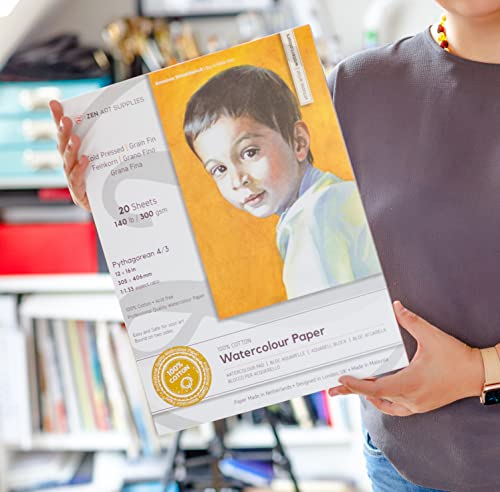 ZenART 100% Cotton Watercolour Paper 140 lb - 12x16 inches 20 Sheet Cold Press Acid-Free Large Block for Professional Artists 2-Side Bound for Watercolor, Gouache, Ink, Acrylic and Mixed Media