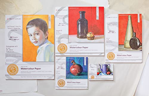 ZenART 100% Cotton Watercolour Paper 140 lb - 12x16 inches 20 Sheet Cold Press Acid-Free Large Block for Professional Artists 2-Side Bound for Watercolor, Gouache, Ink, Acrylic and Mixed Media