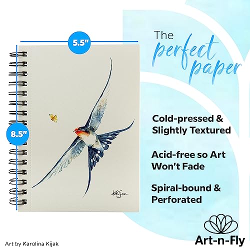 Art-n-Fly A5 22x14cm Watercolour Sketchpad Mini Book - 2 Pack x 35 Sheets Each- Spiral Bound and Microperforated - 300gsm / 140lb 8.5x5.5in