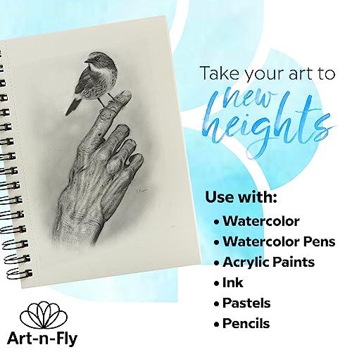 Art-n-Fly A5 22x14cm Watercolour Sketchpad Mini Book - 2 Pack x 35 Sheets Each- Spiral Bound and Microperforated - 300gsm / 140lb 8.5x5.5in