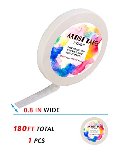 Neeho Artist Tape for Drafting Art, Acid-Free White Masking Tape for Watercolor Painting Canvas Framing, 0.8inch Wide 180FT Long
