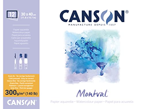 Canson Montval 300gsm watercolour practice paper Block including 12 sheets, size: 30X40cm, natural white and Cold Pressed (Not) textured paper