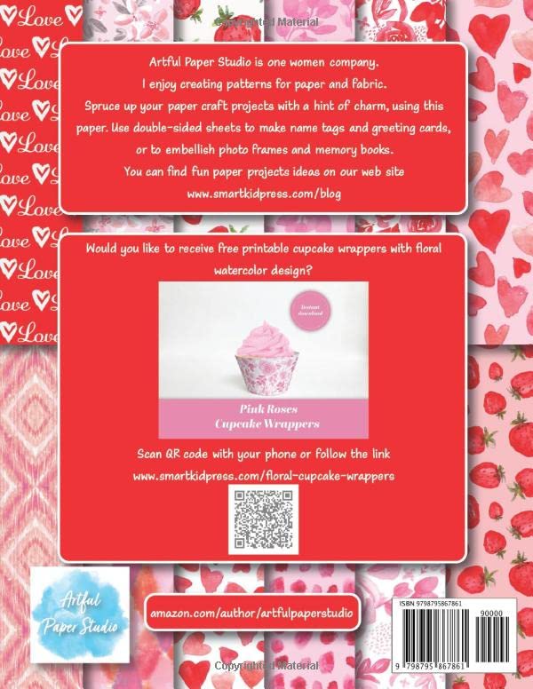 Valentine's day Scrapbook Paper Pad: 20 patterned double sided sheets. 8.5" x 11". 40 hand painted watercolor designs Floral, Hearts, Ikat, Geometric, Strawberries