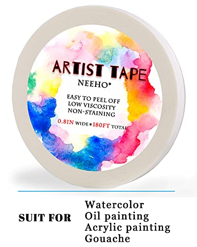 Neeho Artist Tape for Drafting Art, Acid-Free White Masking Tape for Watercolor Painting Canvas Framing, 0.8inch Wide 180FT Long