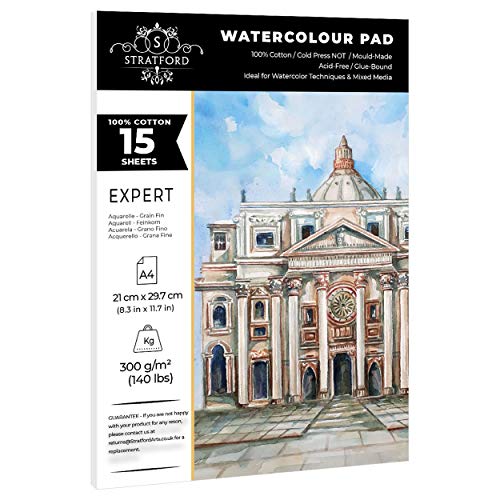 Stratford Expert 100% Cotton Fine Grain Smooth Watercolour Paper Pad A4 15 Sheets 300gsm Cold Pressed Artist Grade for Painting Art and Mixed Media