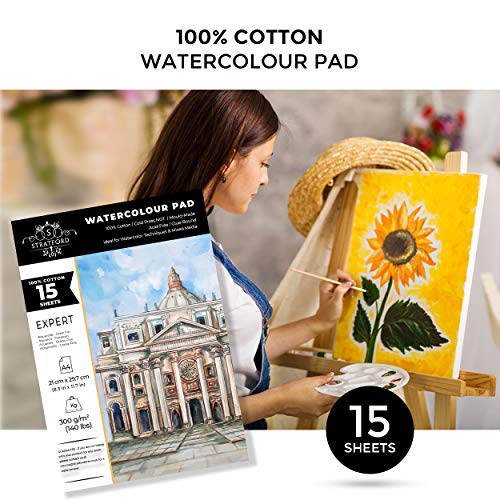 Stratford Expert 100% Cotton Fine Grain Smooth Watercolour Paper Pad A4 15 Sheets 300gsm Cold Pressed Artist Grade for Painting Art and Mixed Media